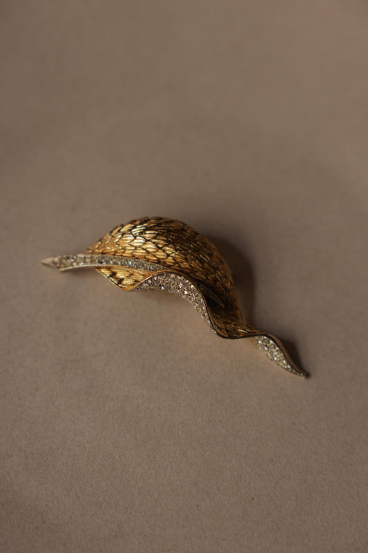 Gold-Tone Leaf Brooch With Clear Rhinestones