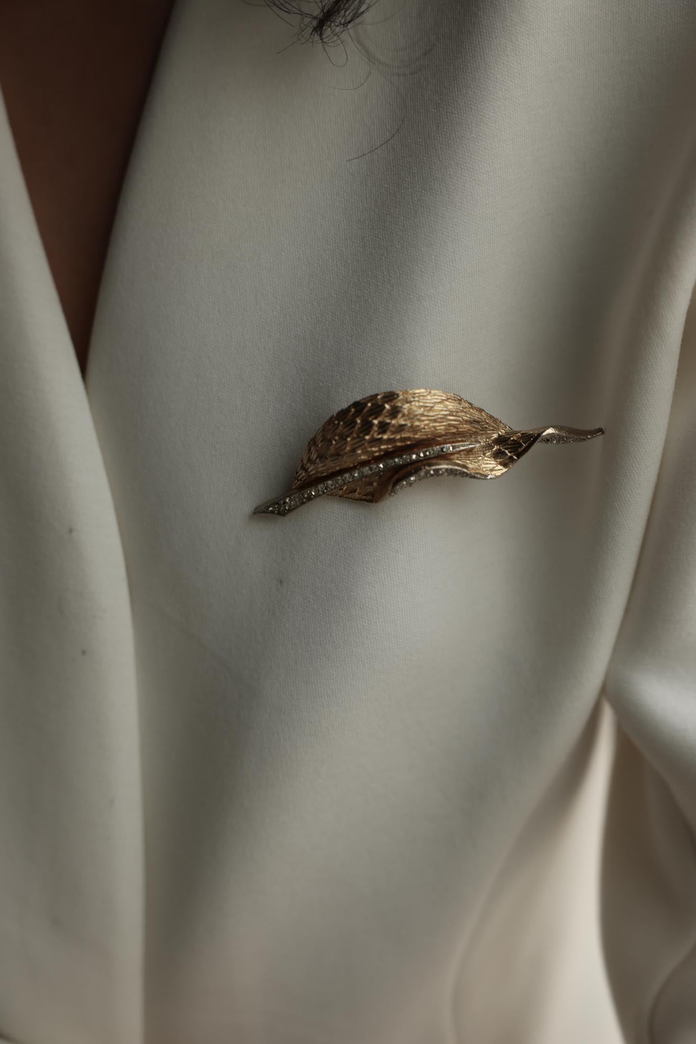 Gold-Tone Leaf Brooch With Clear Rhinestones