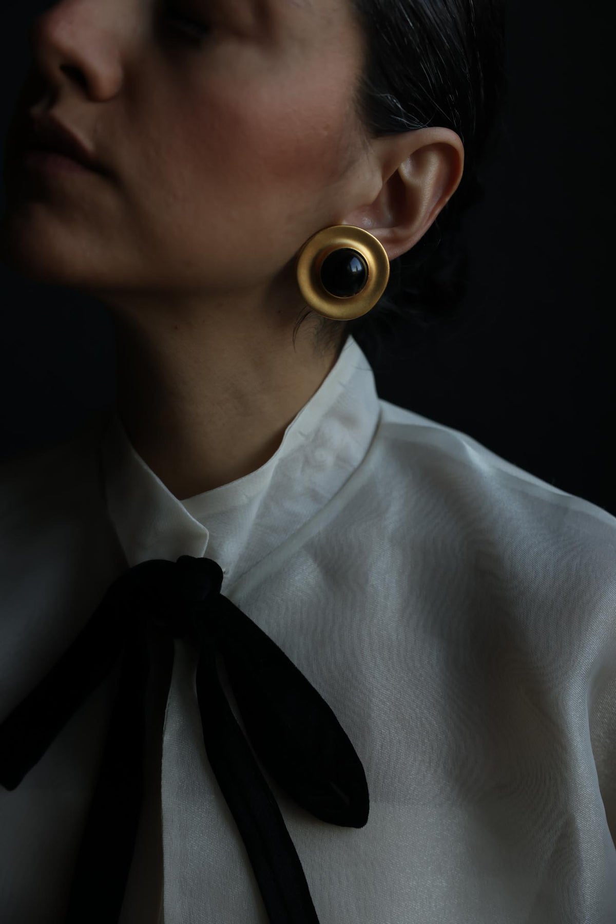 Chunky Matte Gold Round Black Cabochon Clip-On Earrings