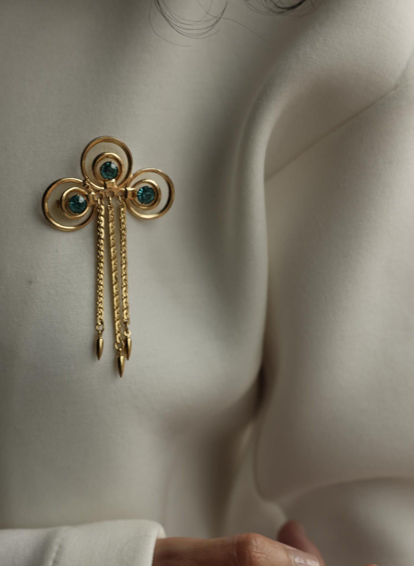 Gold-Tone Swirl Chain Tassel Brooch With Blue Rhinestones|Vintage Baazaar 