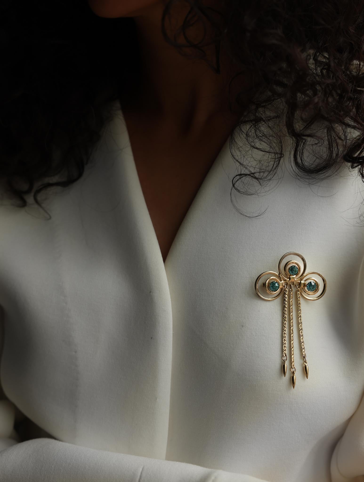 Gold-Tone Swirl Chain Tassel Brooch With Blue Rhinestones|Vintage Baazaar 