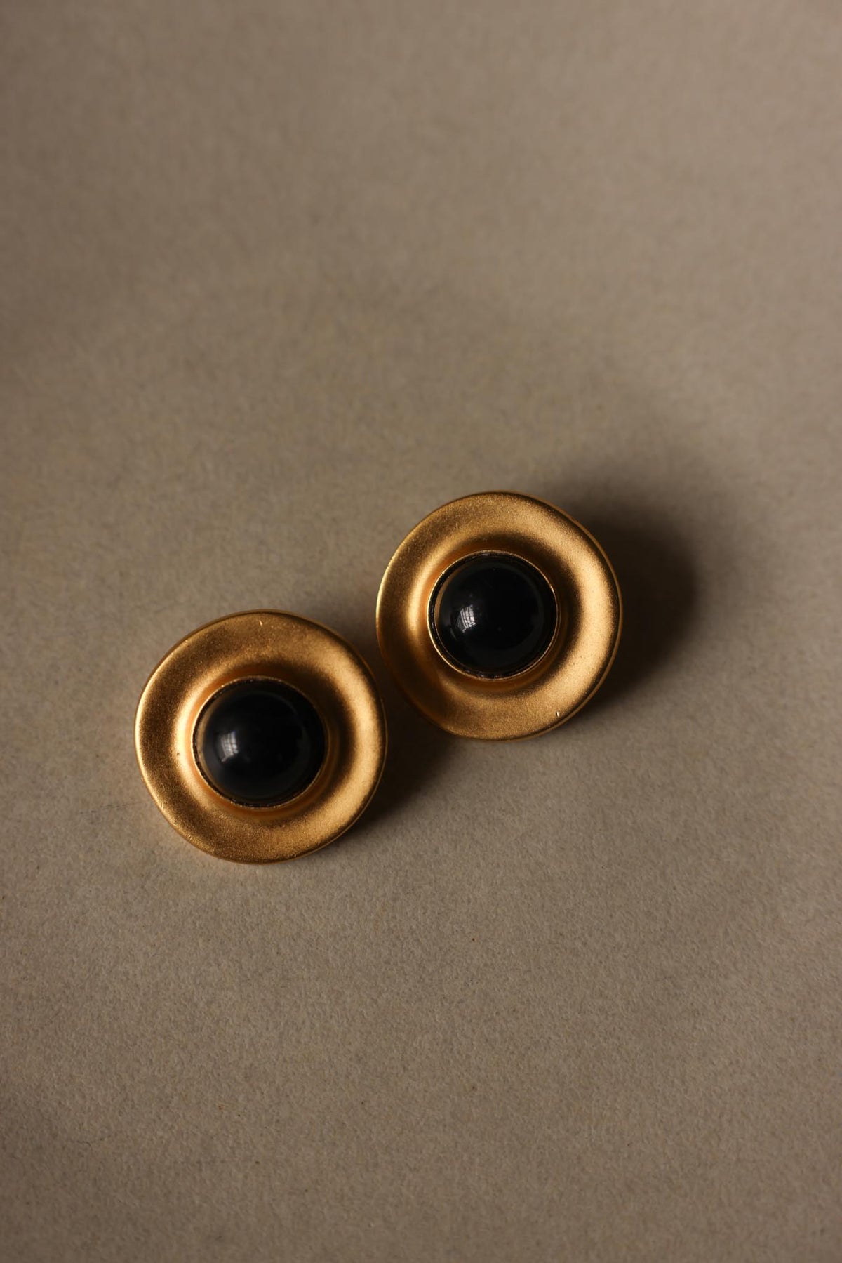 Chunky Matte Gold Round Black Cabochon Clip-On Earrings
