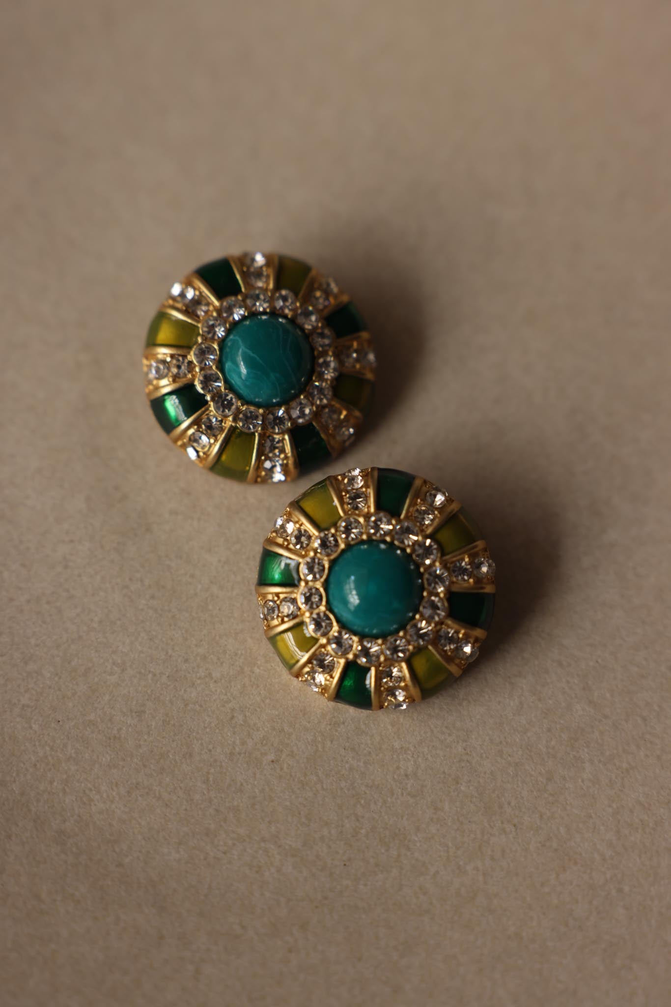 Vintage Gold Tone Green Enamel & Turquoise Cabochon Clip-On Earrings