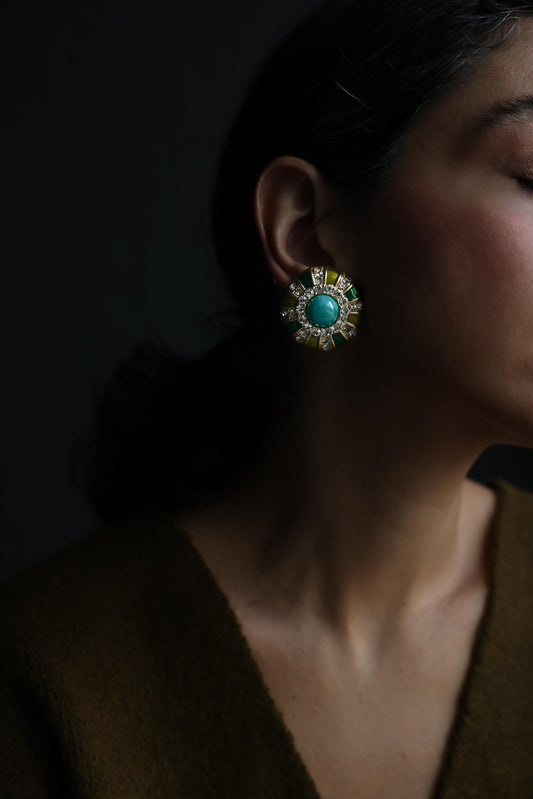 Vintage Gold Tone Green Enamel & Turquoise Cabochon Clip-On Earrings
