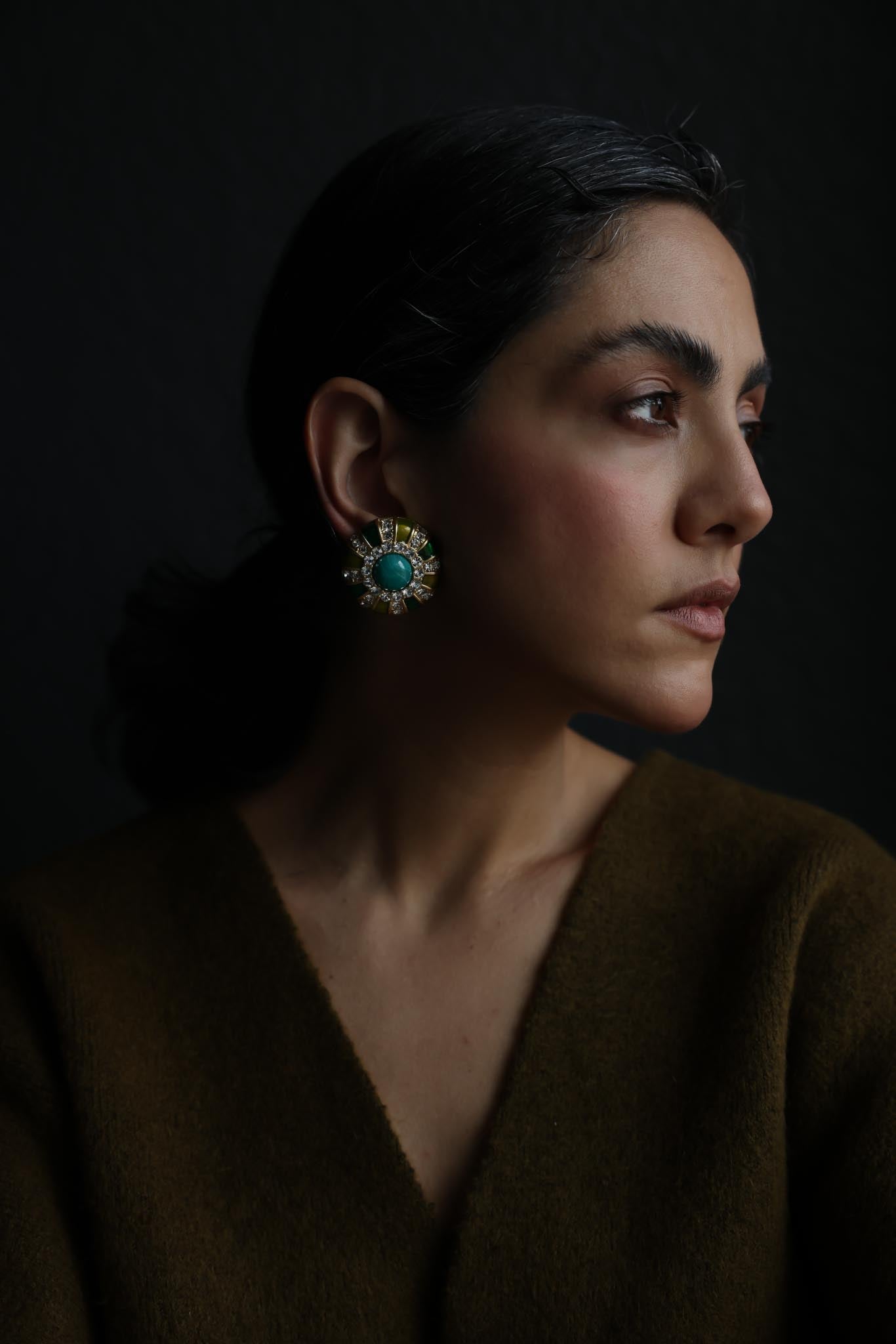 Vintage Gold Tone Green Enamel & Turquoise Cabochon Clip-On Earrings