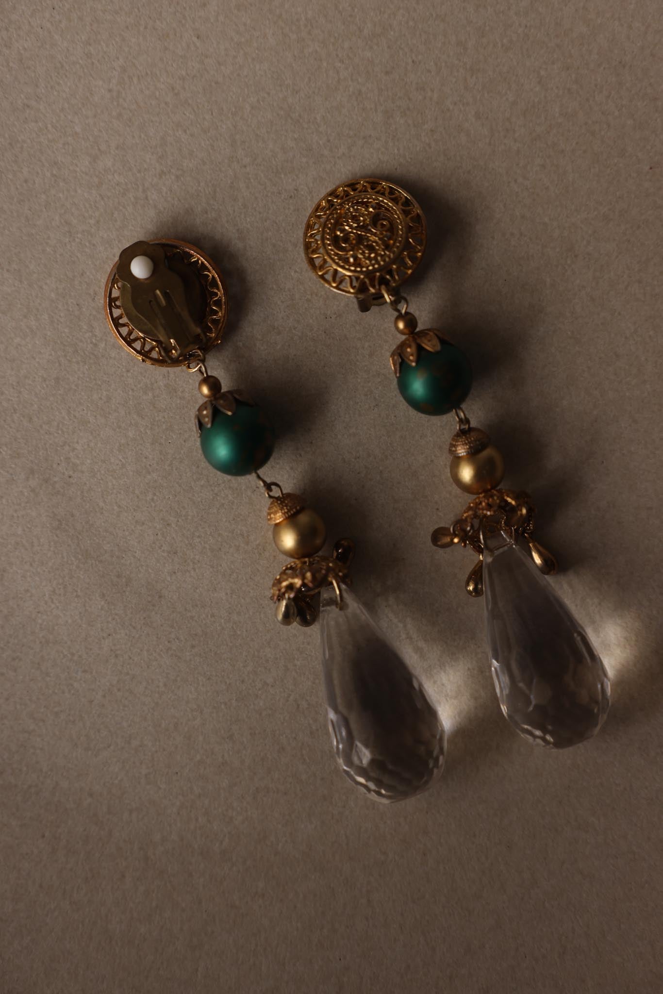 Vintage Gold Tone Green Bead & Faceted Crystal Teardrop Clip-On Earrings