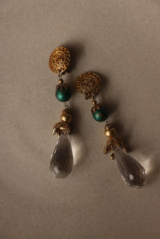 Vintage Gold Tone Green Bead & Faceted Crystal Teardrop Clip-On Earrings
