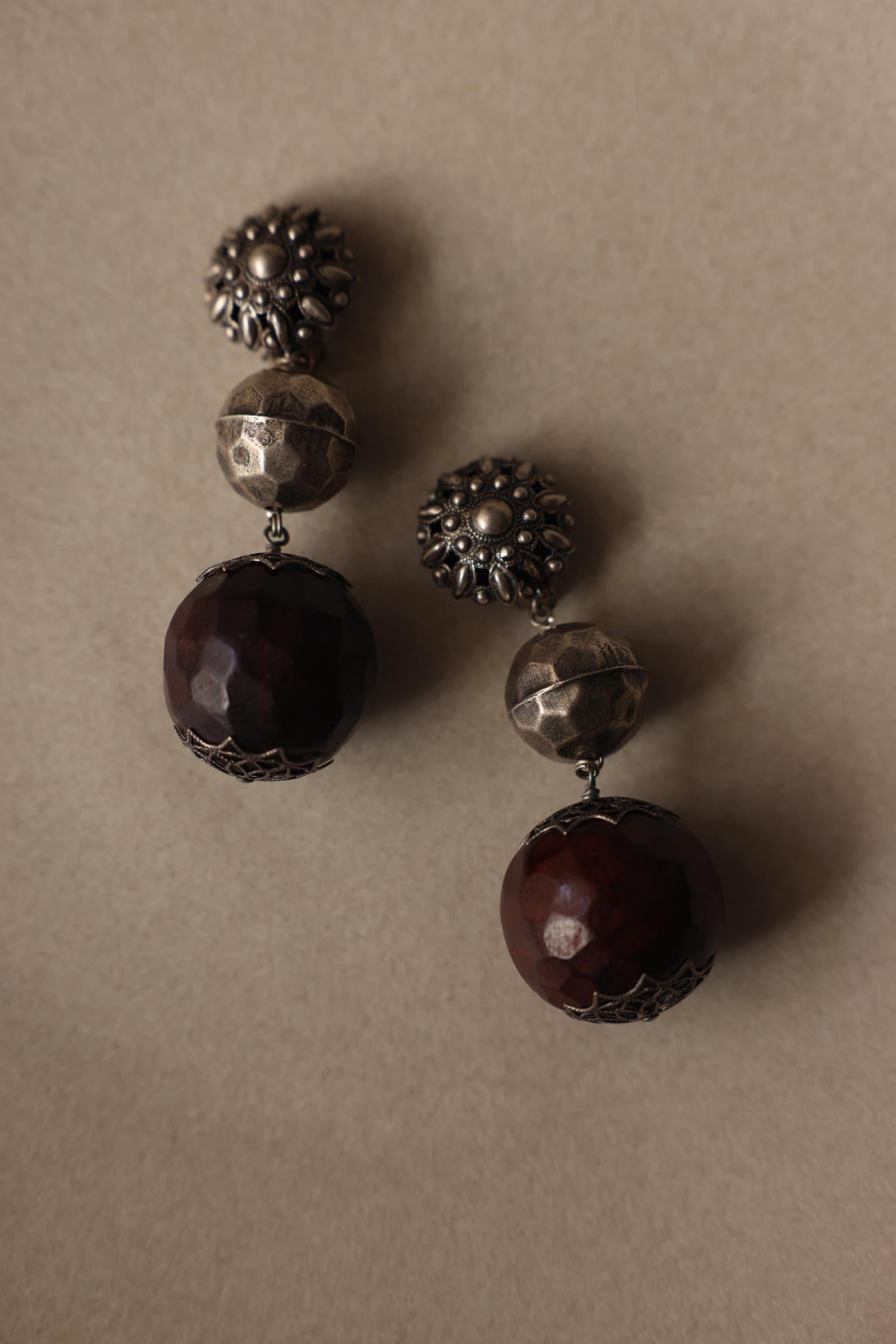 Vintage Silvertone Burgundy Accent Bead Dangle Clip-On Earrings