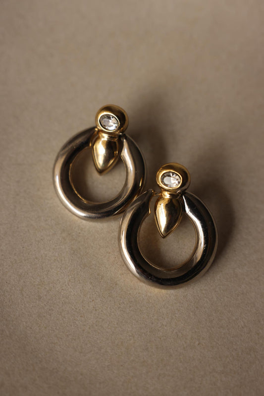 Vintage Two Tone Clear Rhinestone Door Knocker Clip-On Earrings|Vintage Baazaar 