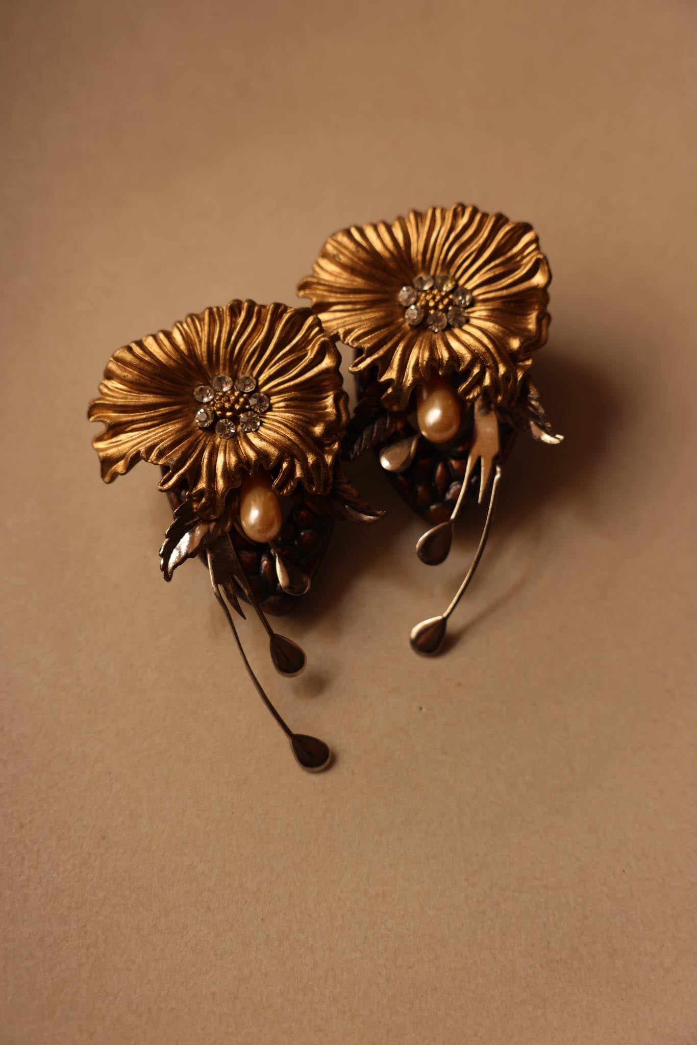 Gold Floral Clip-On Earrings with Bronze and Pearl Details|Vintage Baazaar 
