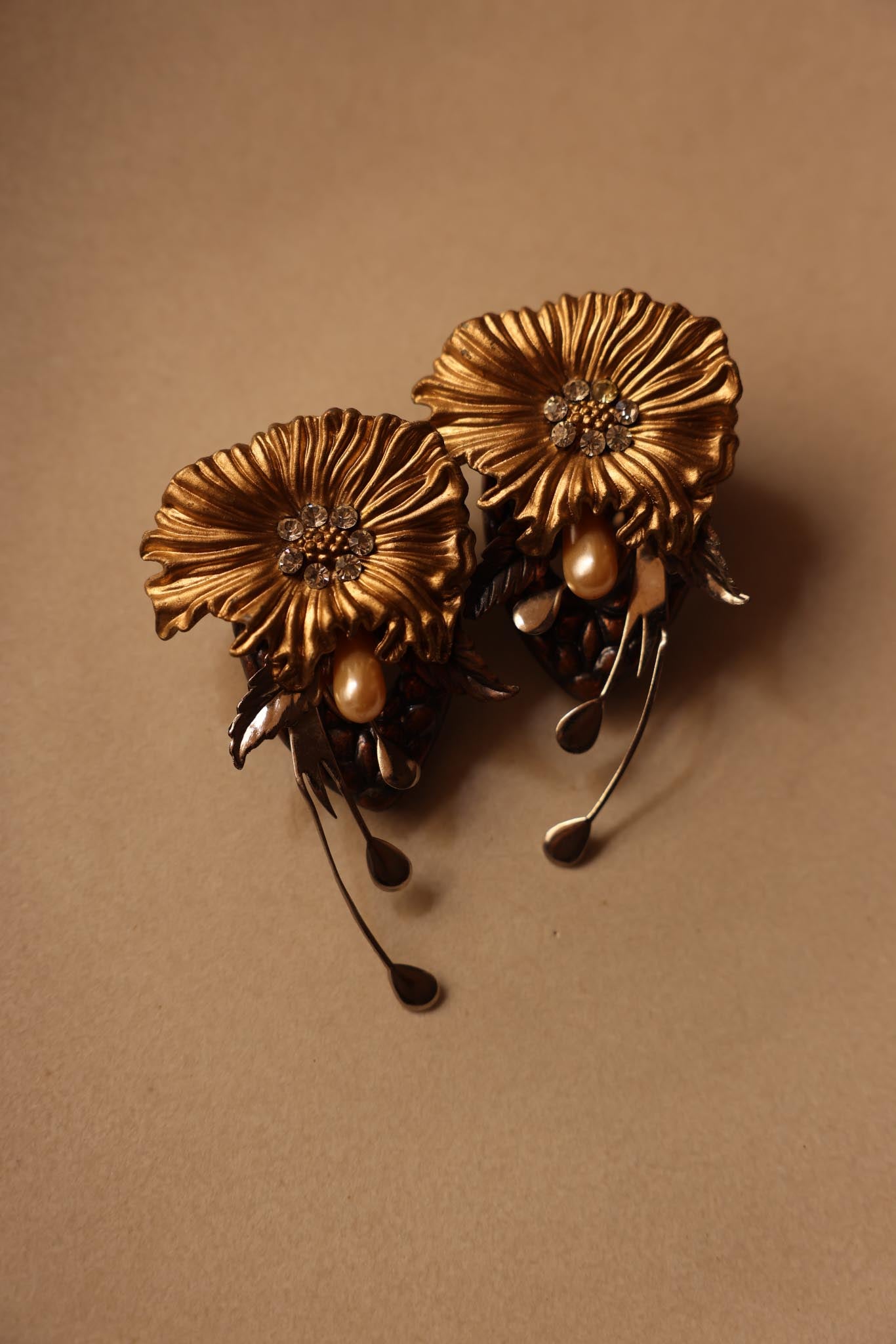 Gold Floral Clip-On Earrings with Bronze and Pearl Details|Vintage Baazaar 