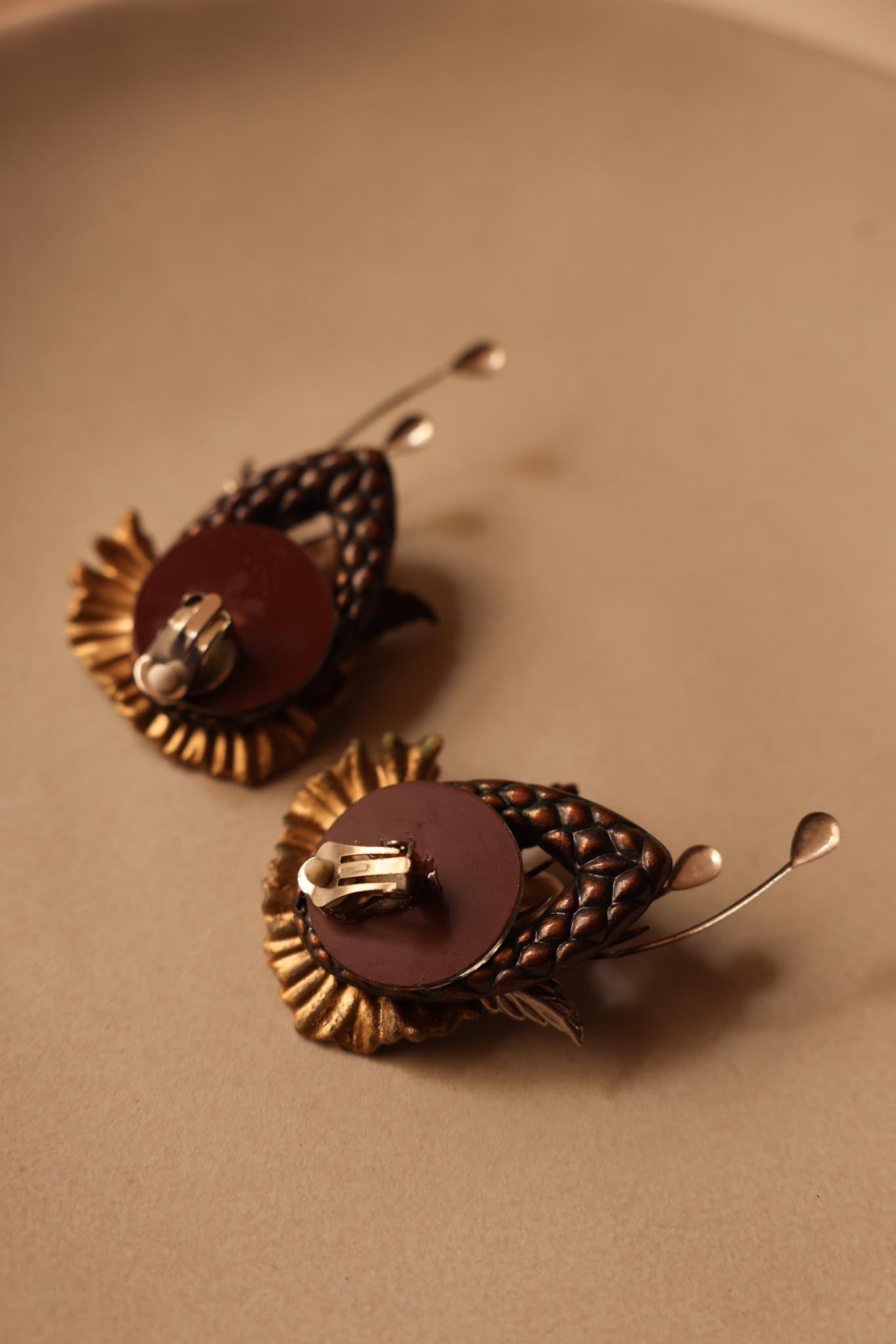 Gold Floral Clip-On Earrings with Bronze and Pearl Details|Vintage Baazaar 