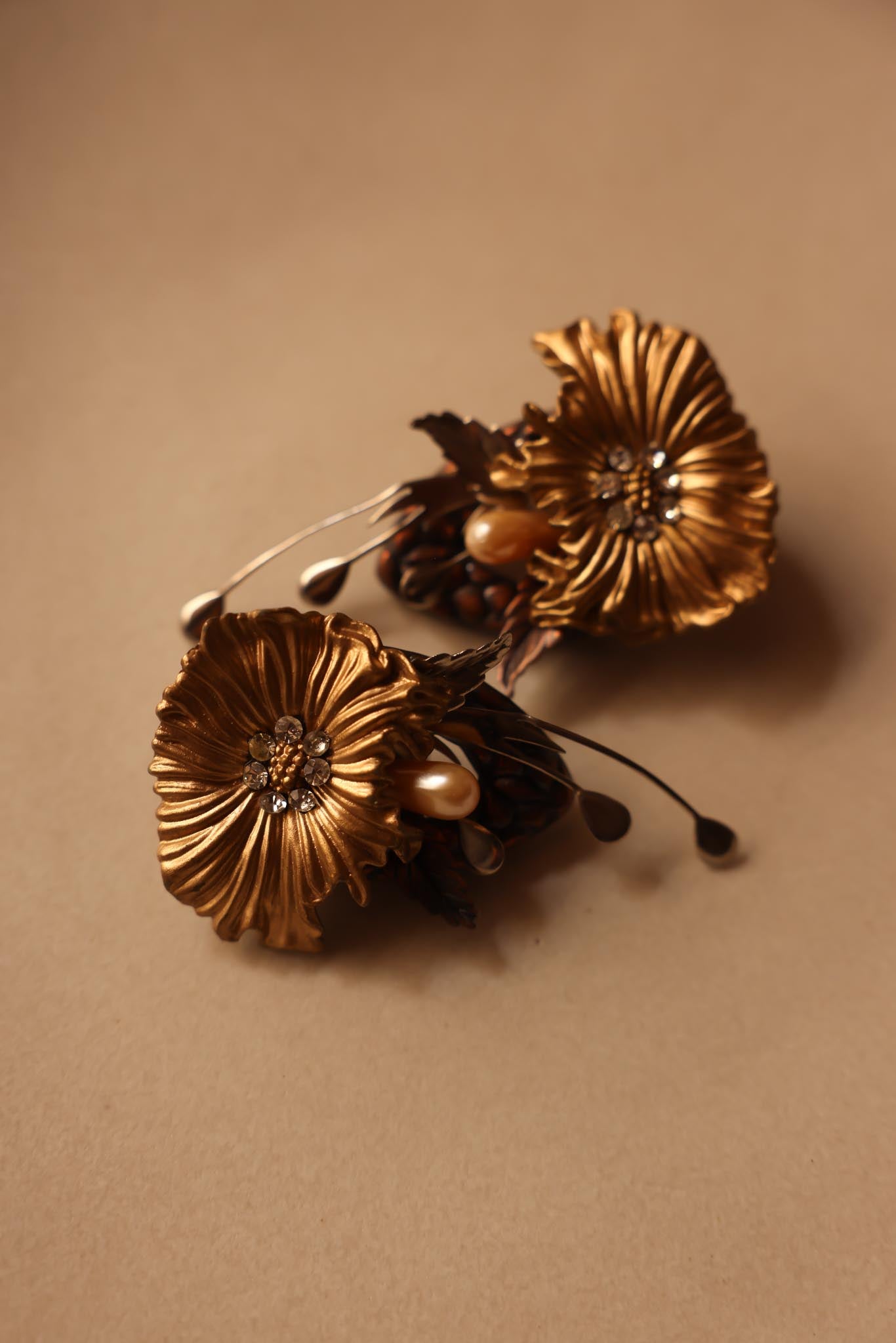 Gold Floral Clip-On Earrings with Bronze and Pearl Details|Vintage Baazaar 