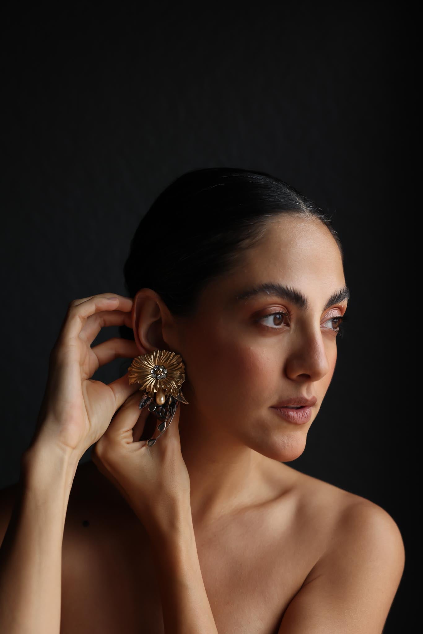 Gold Floral Clip-On Earrings with Bronze and Pearl Details|Vintage Baazaar 