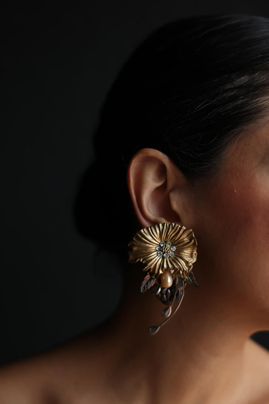 Gold Floral Clip-On Earrings with Bronze and Pearl Details|Vintage Baazaar 