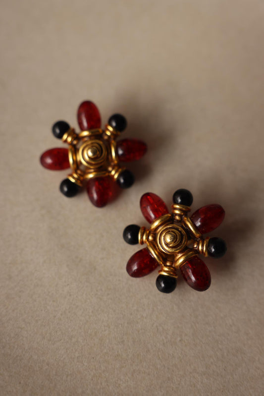 Ben-Amun Gold Tone Red & Black Cabochon Clip-On Earrings