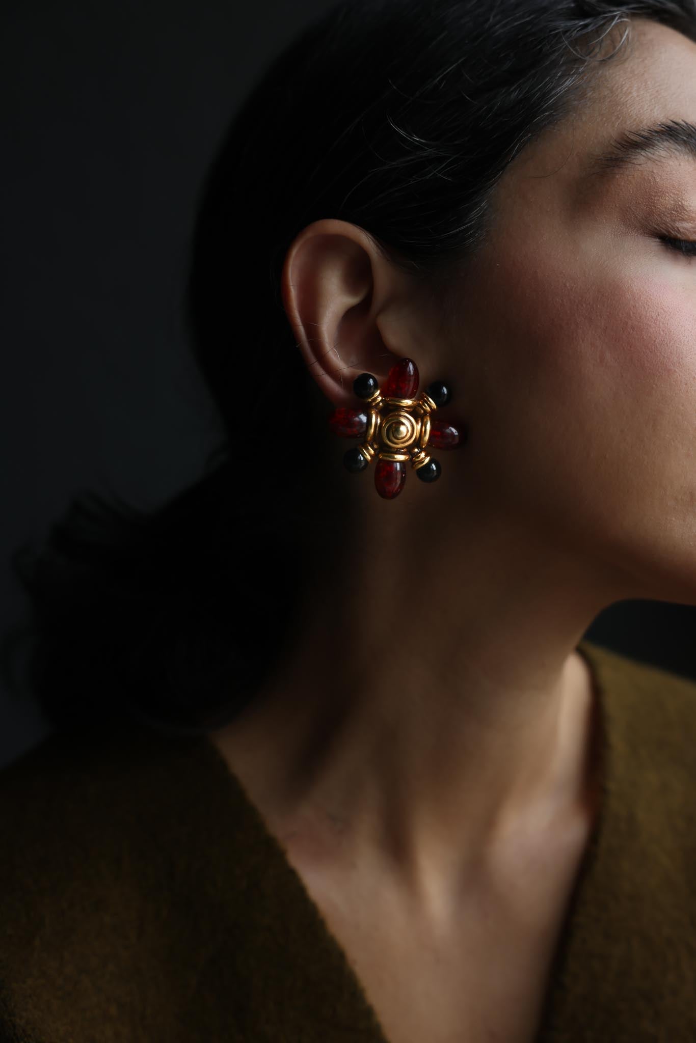 Ben-Amun Gold Tone Red & Black Cabochon Clip-On Earrings