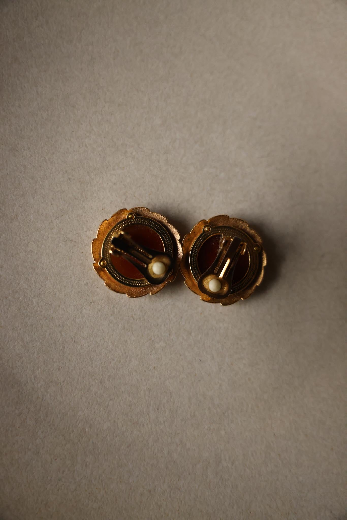 Gold-Tone Clip-On Earrings with Amber Cabochons|Vintage Baazaar 