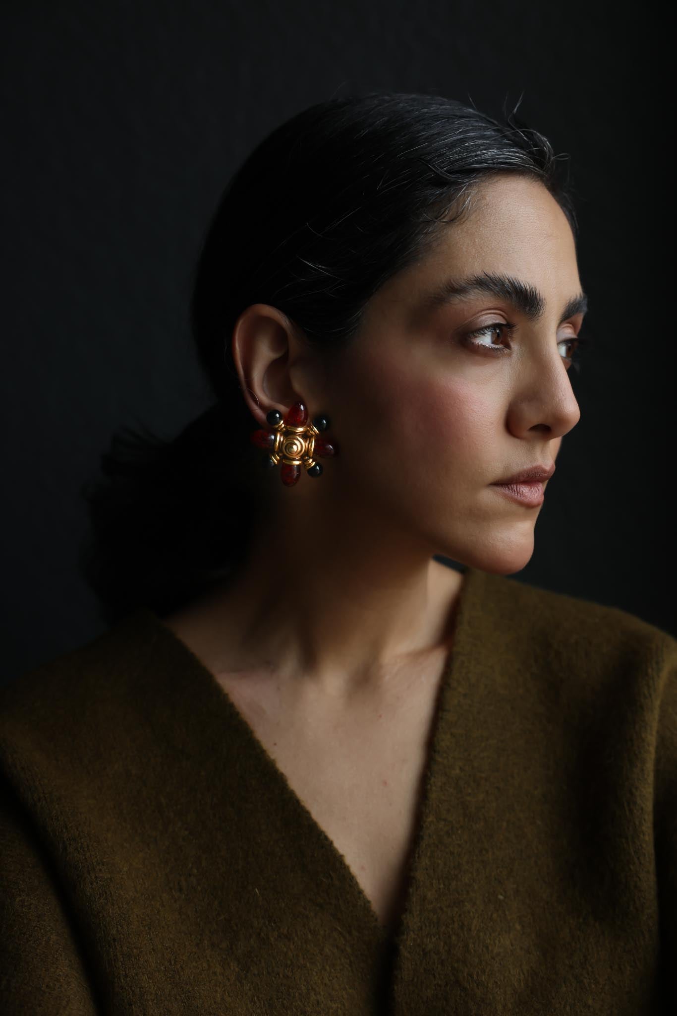 Ben-Amun Gold Tone Red & Black Cabochon Clip-On Earrings