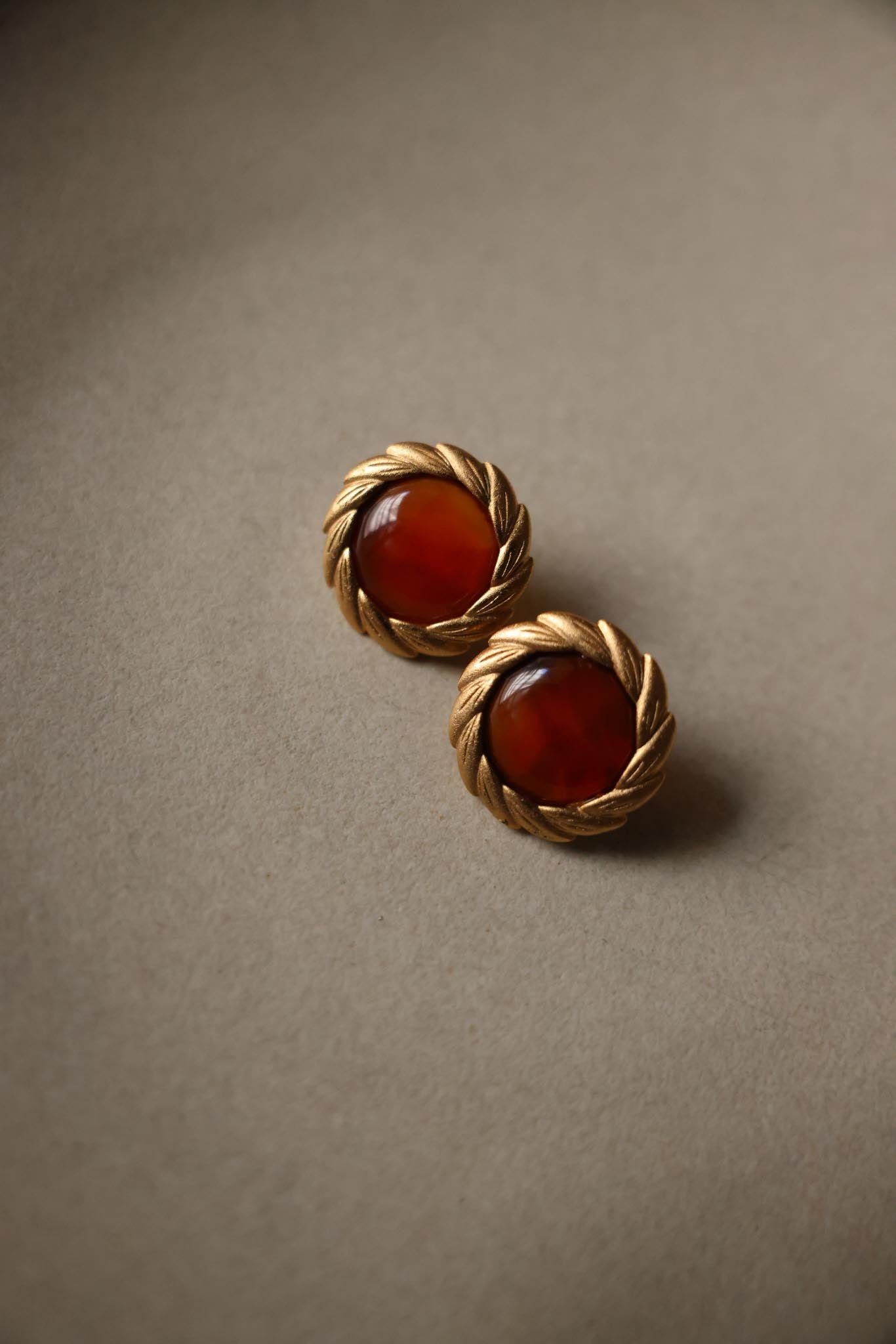 Gold-Tone Clip-On Earrings with Amber Cabochons|Vintage Baazaar 