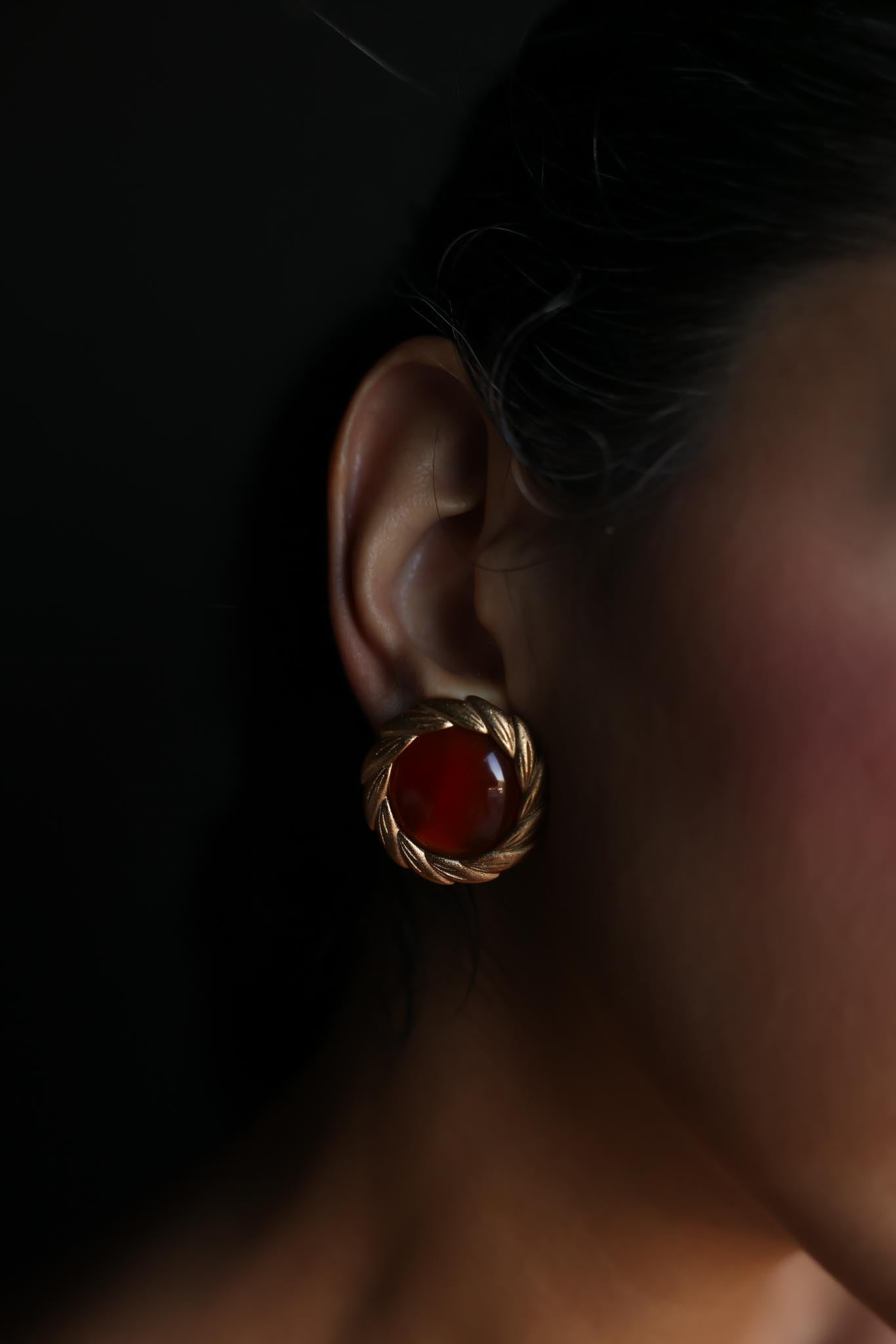 Gold-Tone Clip-On Earrings with Amber Cabochons|Vintage Baazaar 