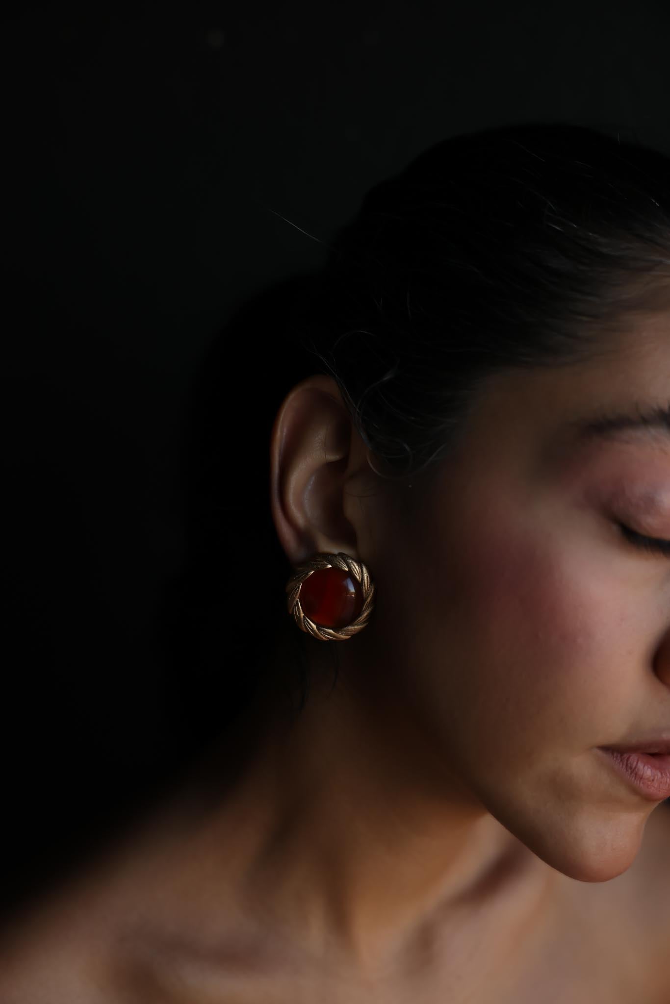 Gold-Tone Clip-On Earrings with Amber Cabochons|Vintage Baazaar 