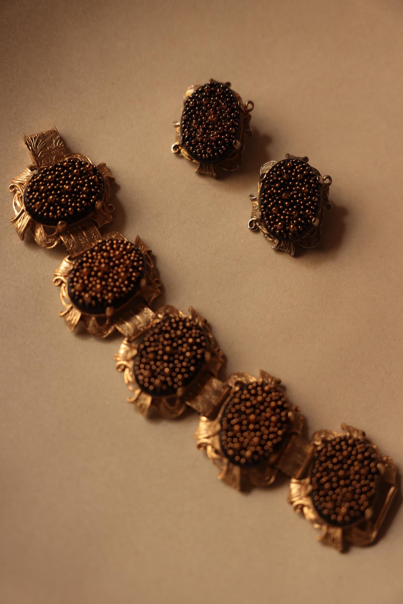 Judy Lee Black and Brushed Gold Chunky Oval Bracelet and Earrings Set|Vintage Baazaar 
