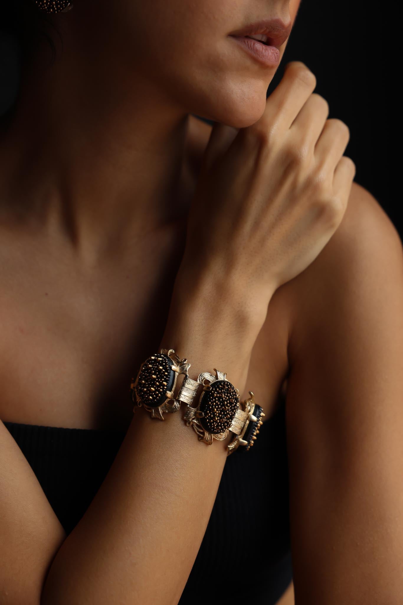 Judy Lee Black and Brushed Gold Chunky Oval Bracelet and Earrings Set|Vintage Baazaar 