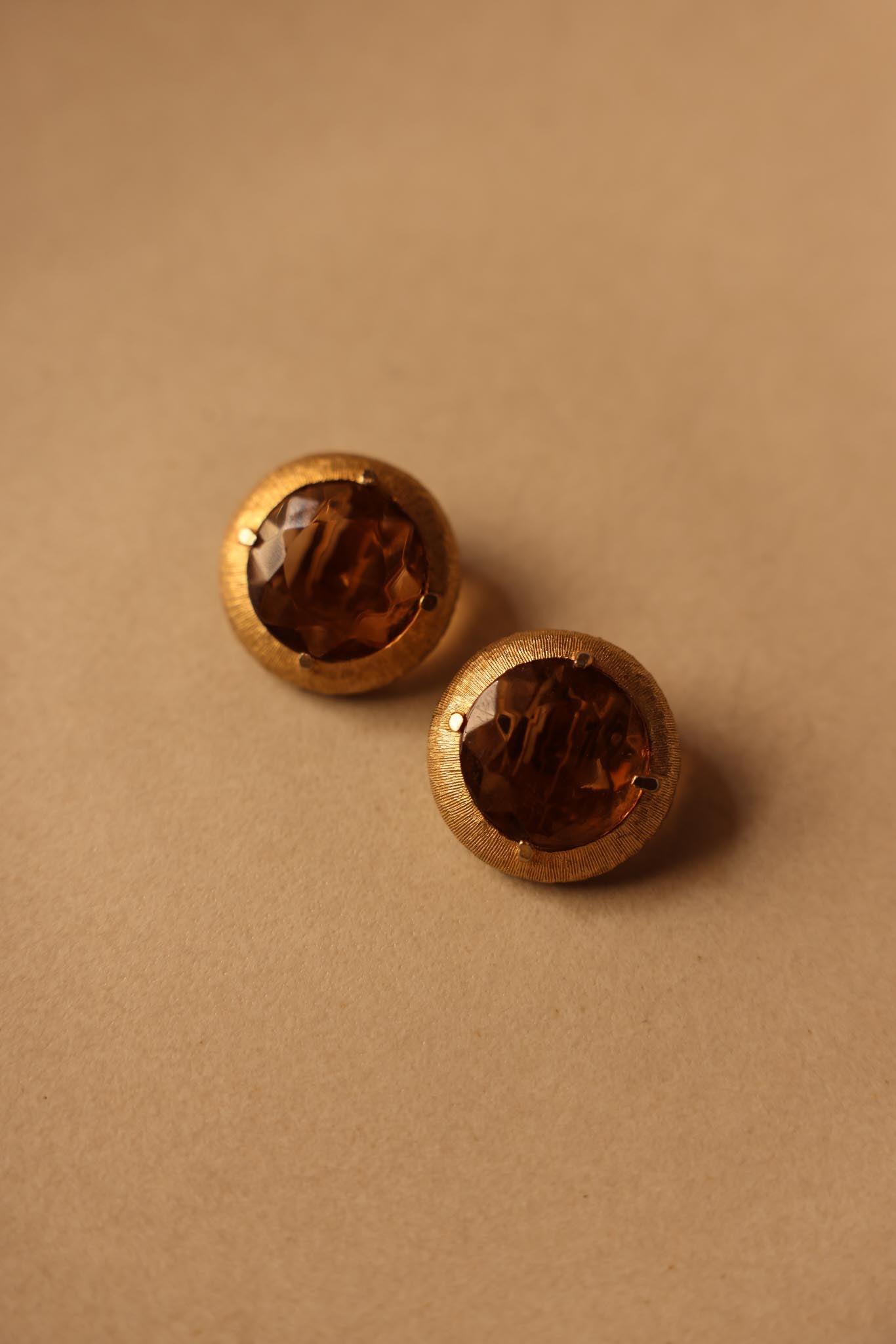 Round Gold-Tone Clip-On Earrings with Brown Faceted Centers|Vintage Baazaar 