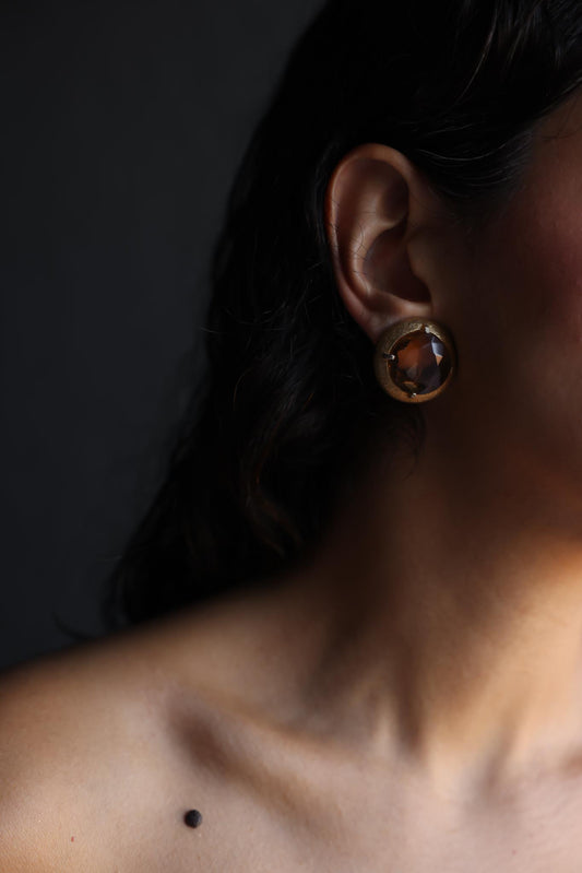 Round Gold-Tone Clip-On Earrings with Brown Faceted Centers|Vintage Baazaar 