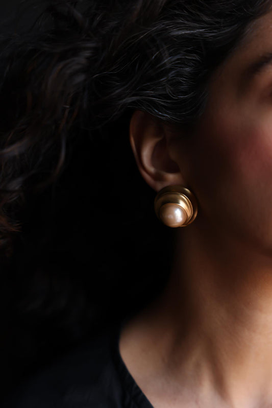 Matte Gold Clip-On Earrings with Faux Pearl Center|Vintage Baazaar 