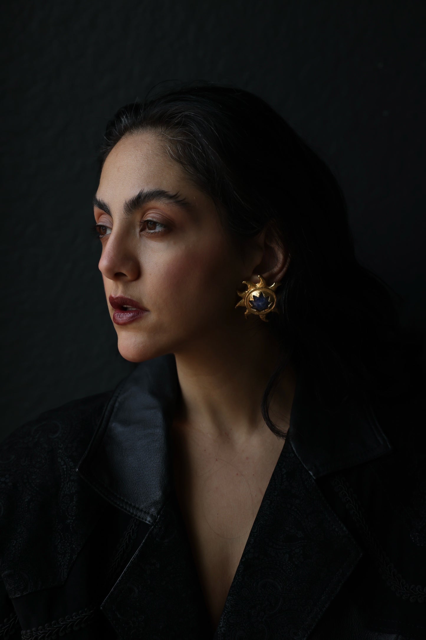 10K Gold Filled Mid-Century Sunburst Blue Glass Clip-On Earrings