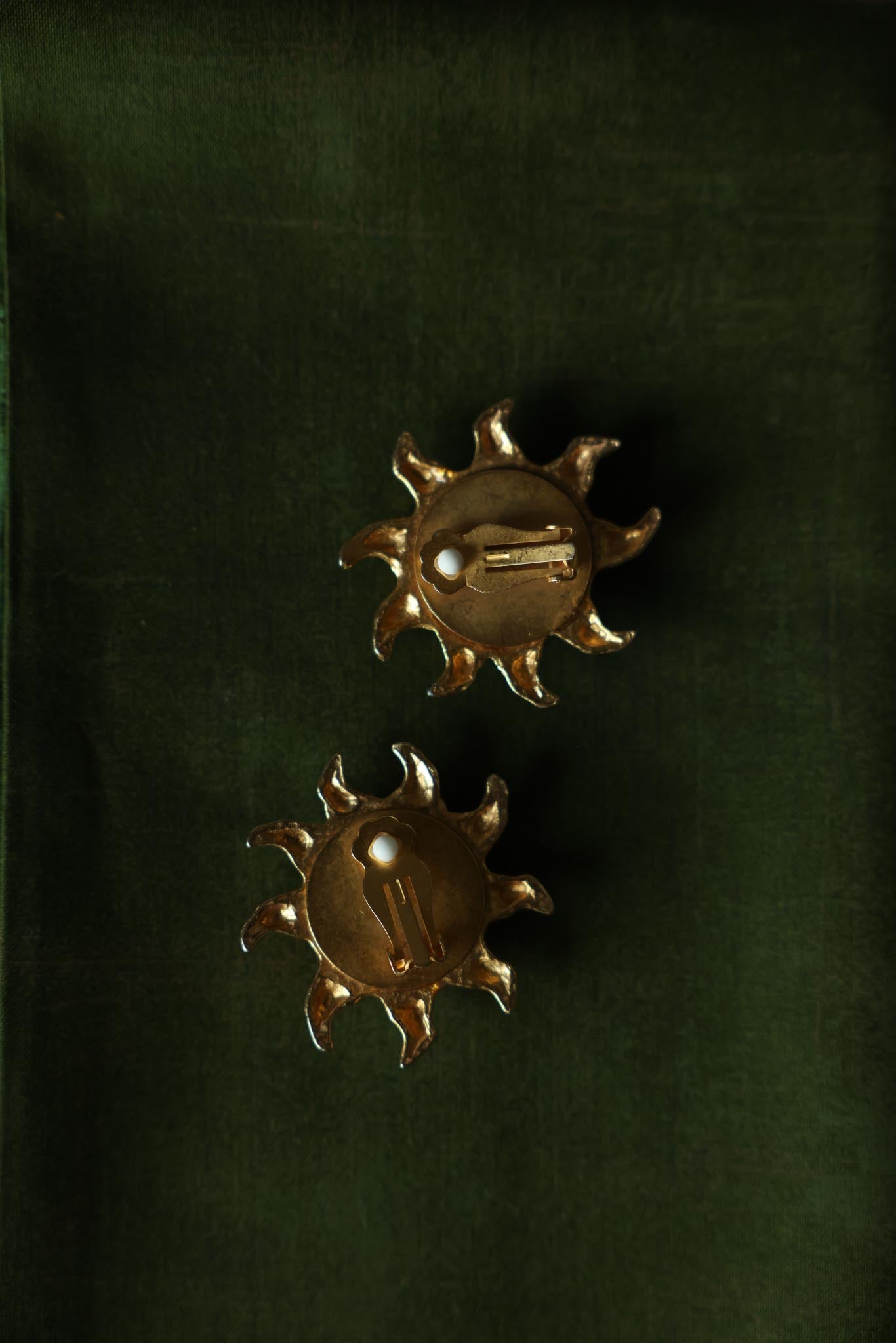 10K Gold Filled Mid-Century Sunburst Blue Glass Clip-On Earrings