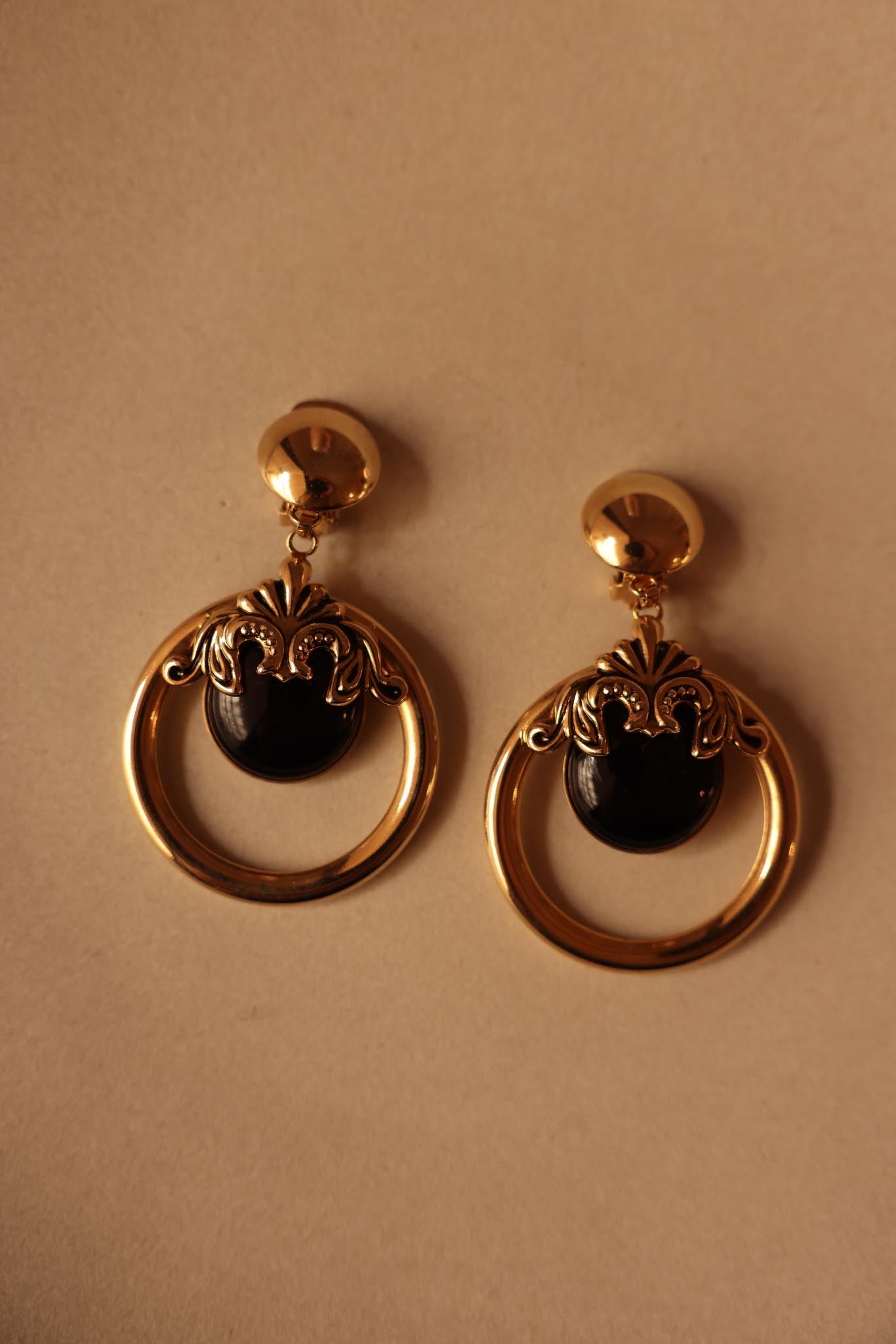 Grand Loop Gold and Black Clip-On Earrings|Vintage Baazaar 