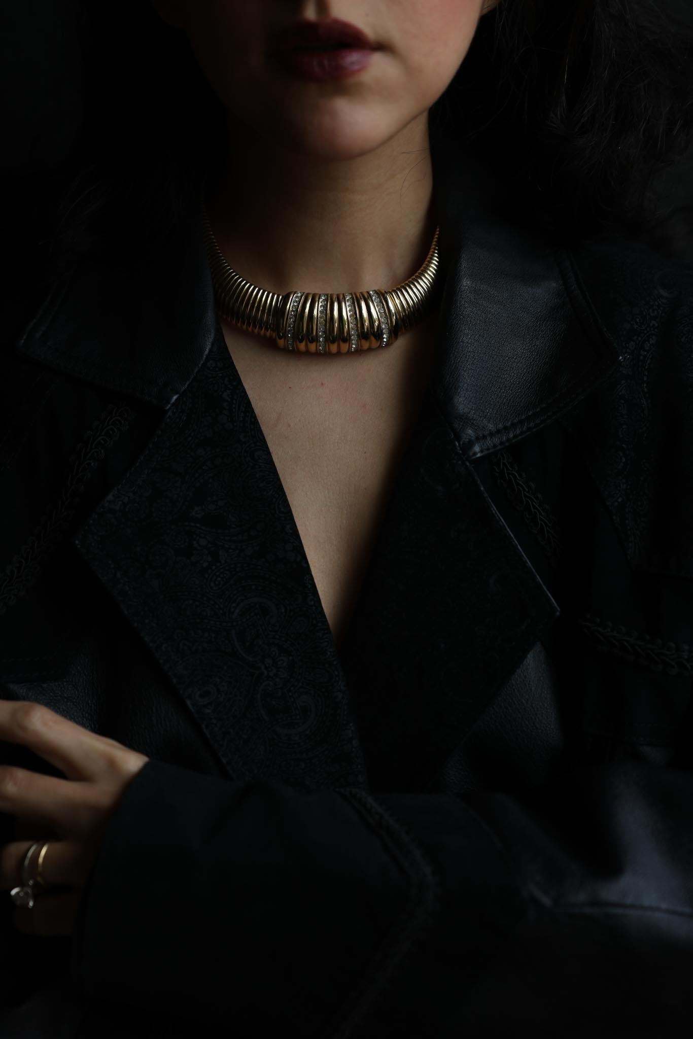 Italian Gold-Tone Omega Necklace with Rhinestones-1960s