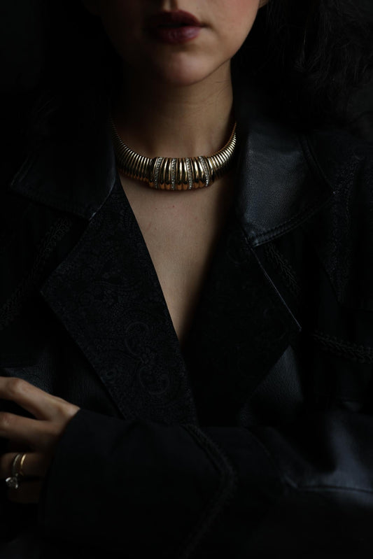 Italian Gold-Tone Omega Necklace with Rhinestones-1960s