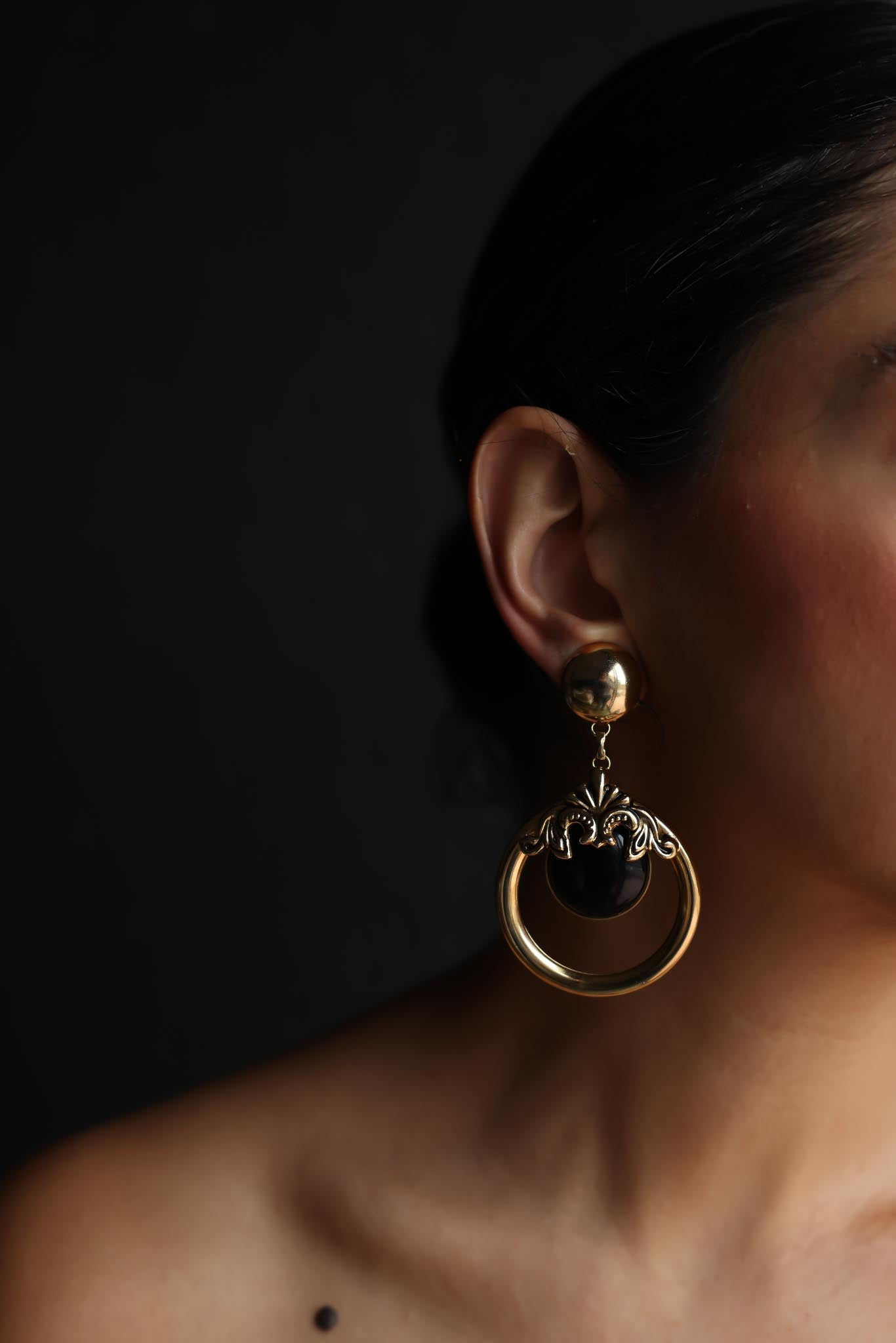 Grand Loop Gold and Black Clip-On Earrings|Vintage Baazaar 