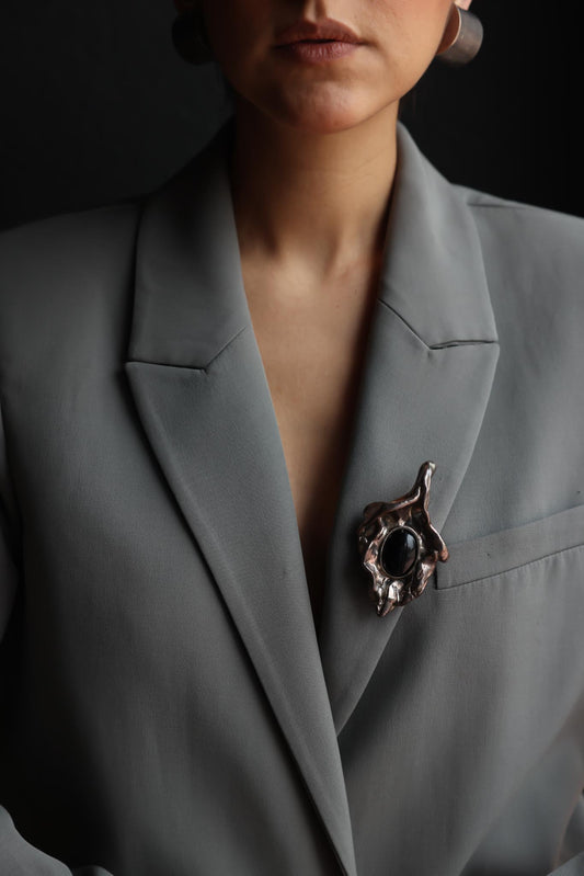 Sculptural Silver Brooch-Pendant with Black Center|Vintage Baazaar 