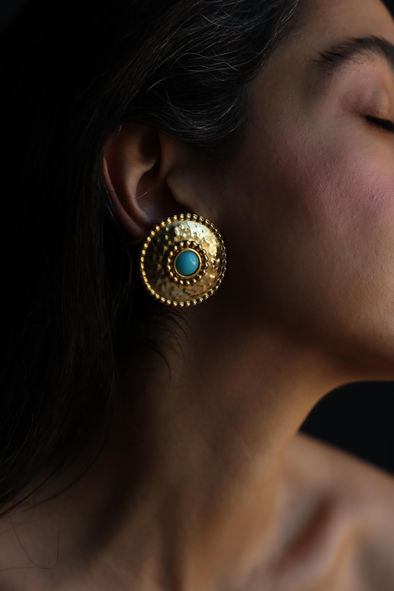 1980s Hammered Gold-Tone Turquoise Clip-On Earrings