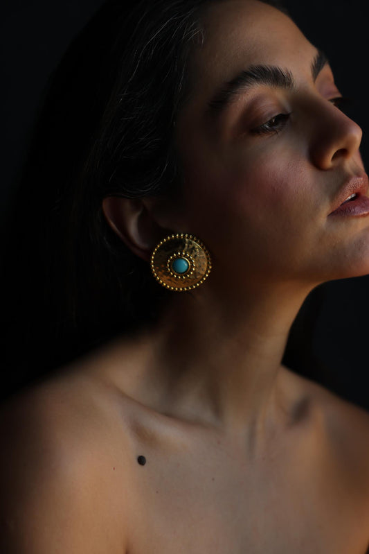 1980s Hammered Gold-Tone Turquoise Clip-On Earrings