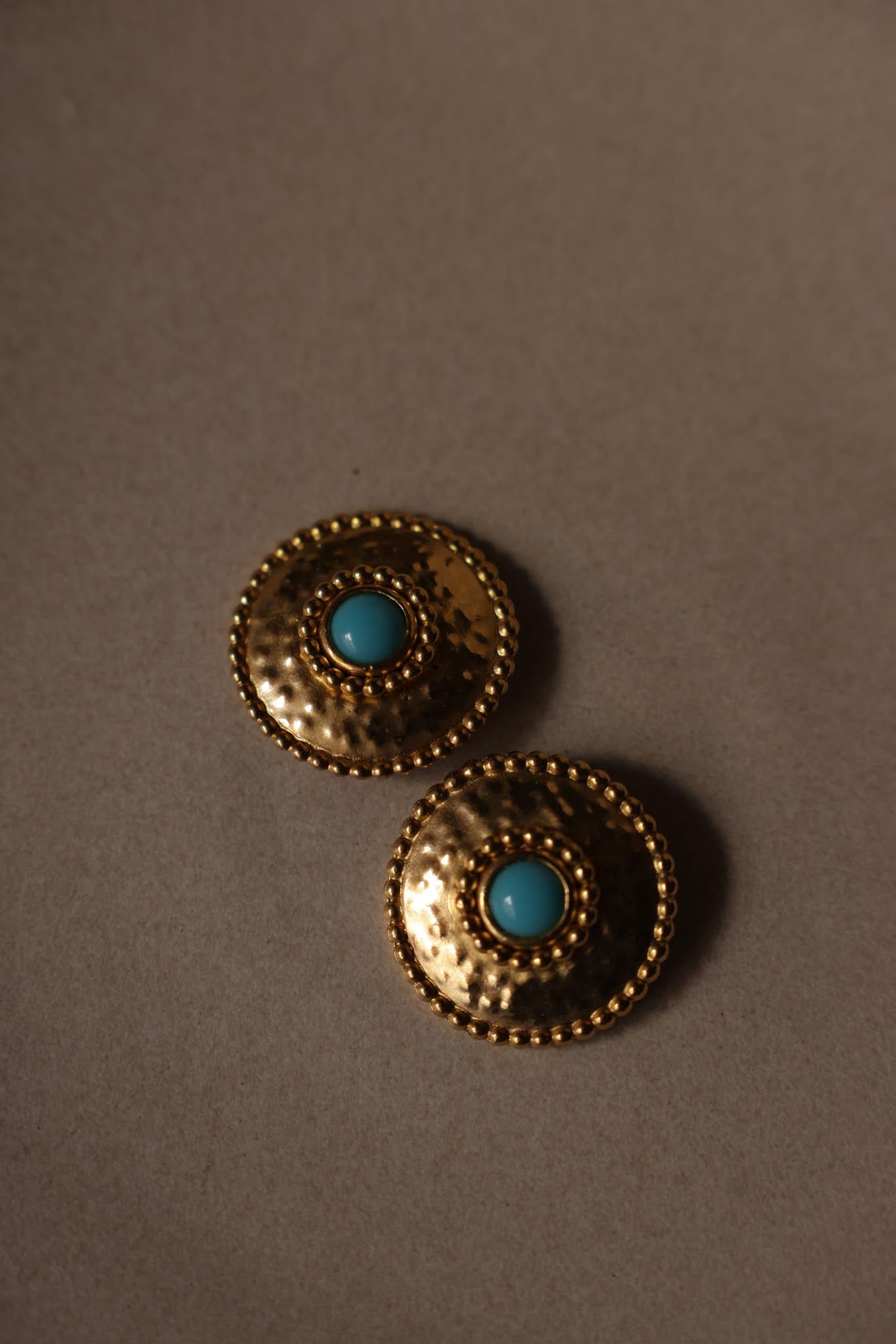 1980s Hammered Gold-Tone Turquoise Clip-On Earrings