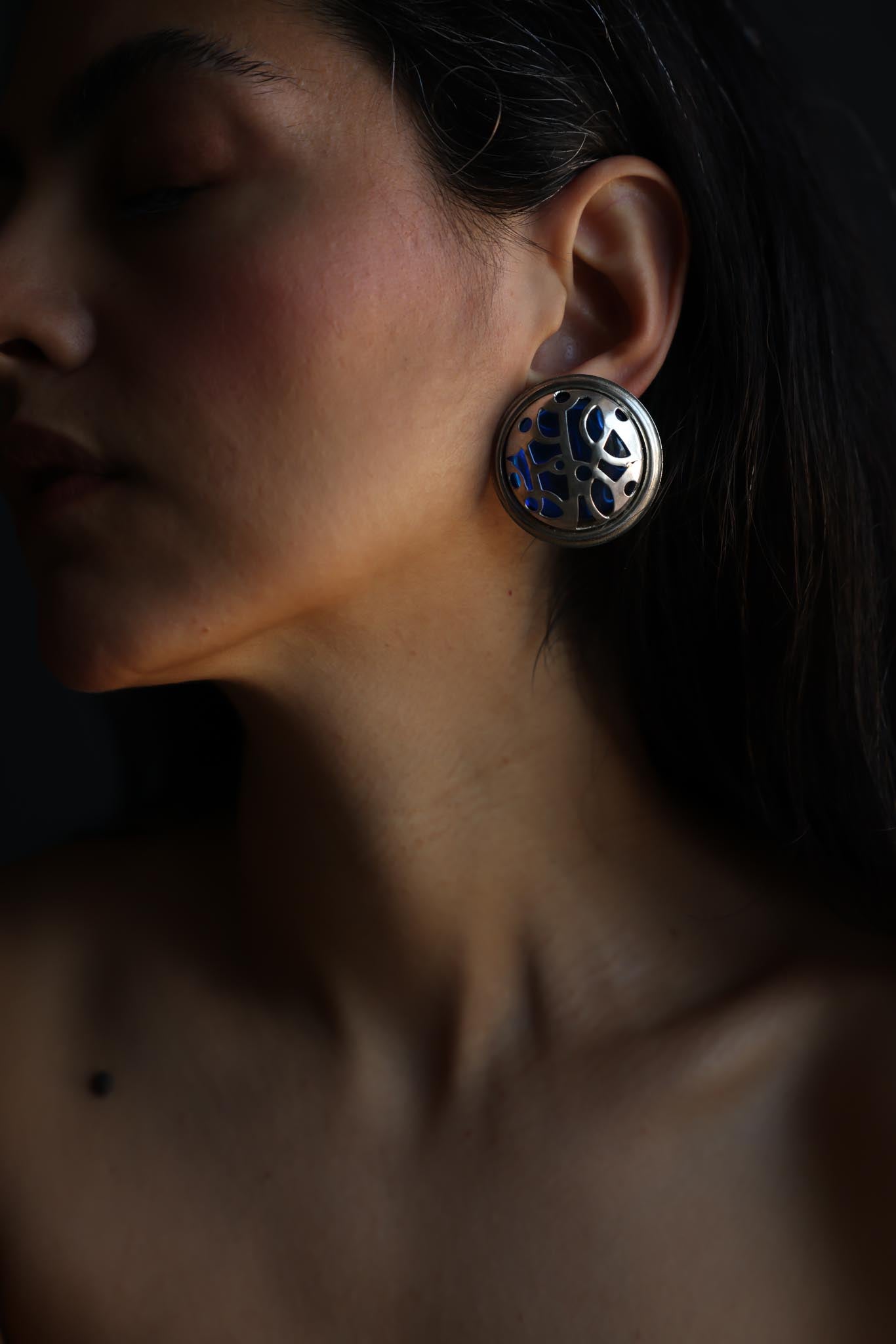 Round Silver-Tone Blue Abstract Clip-On Earrings