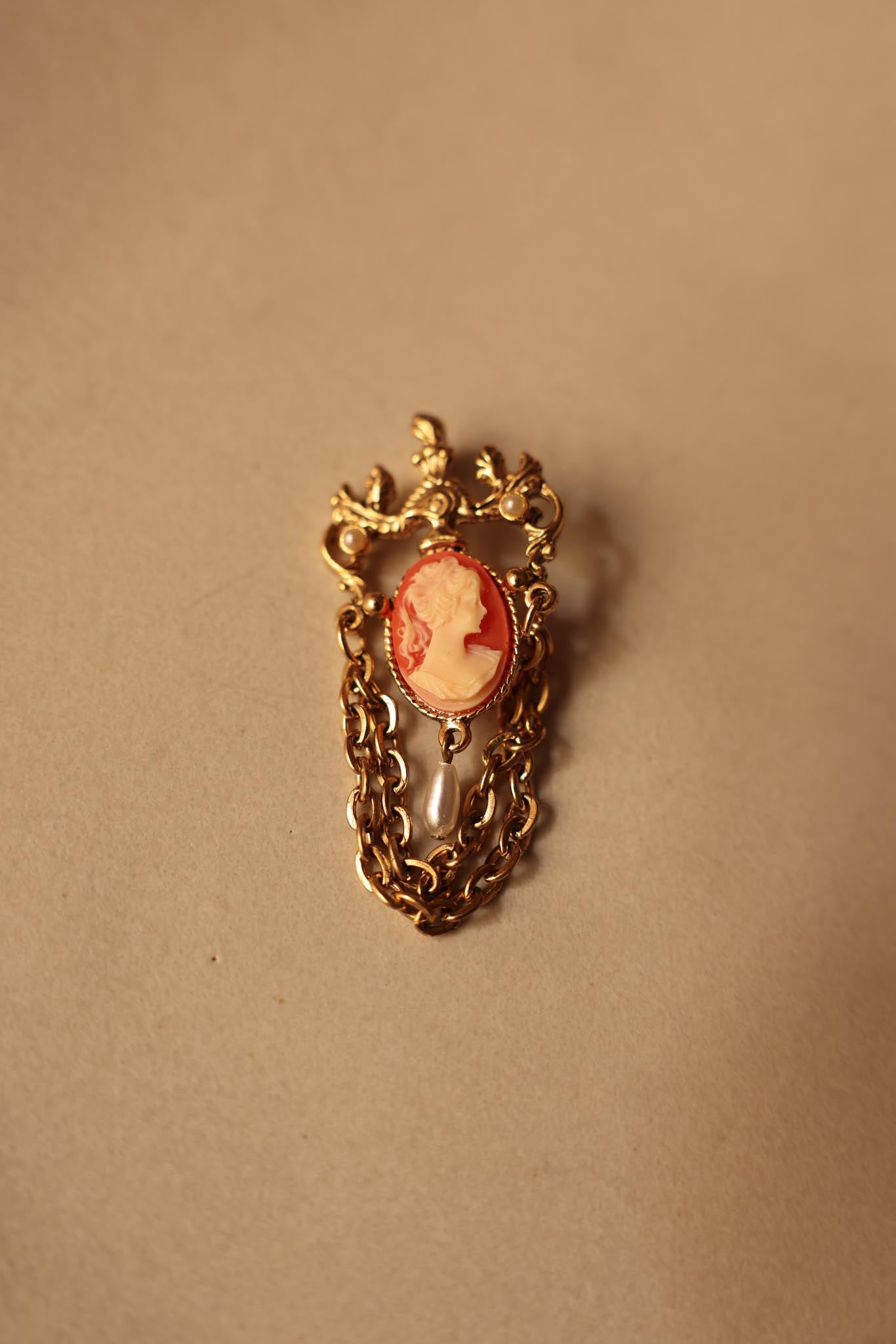 Cameo Chain Brooch with Faux Pearl Drop|Vintage Baazaar 