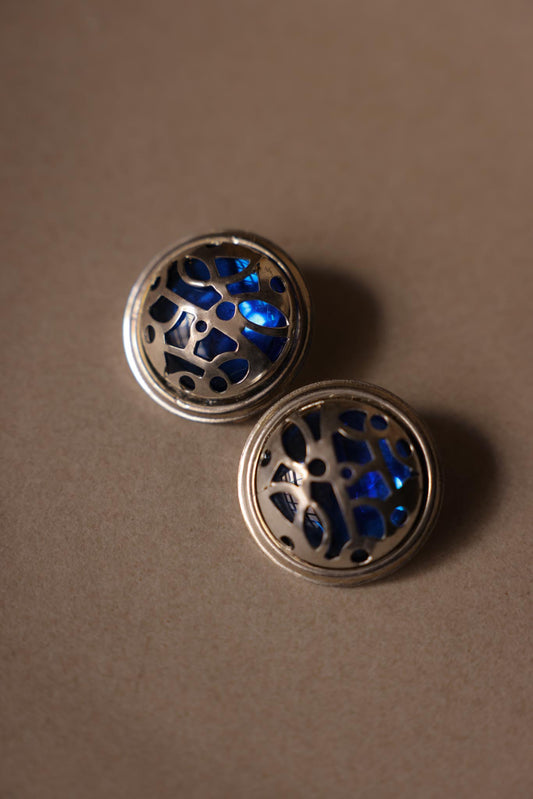 Round Silver-Tone Blue Abstract Clip-On Earrings