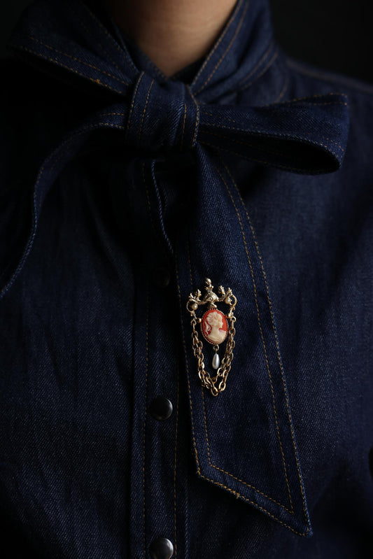 Cameo Chain Brooch with Faux Pearl Drop|Vintage Baazaar 