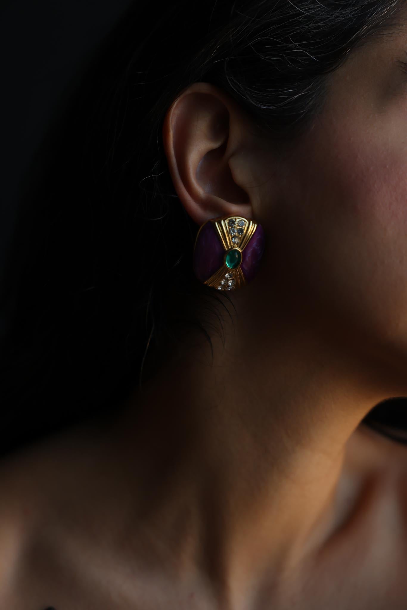 Purple Enamel and Green Cabochon Pierced Earrings