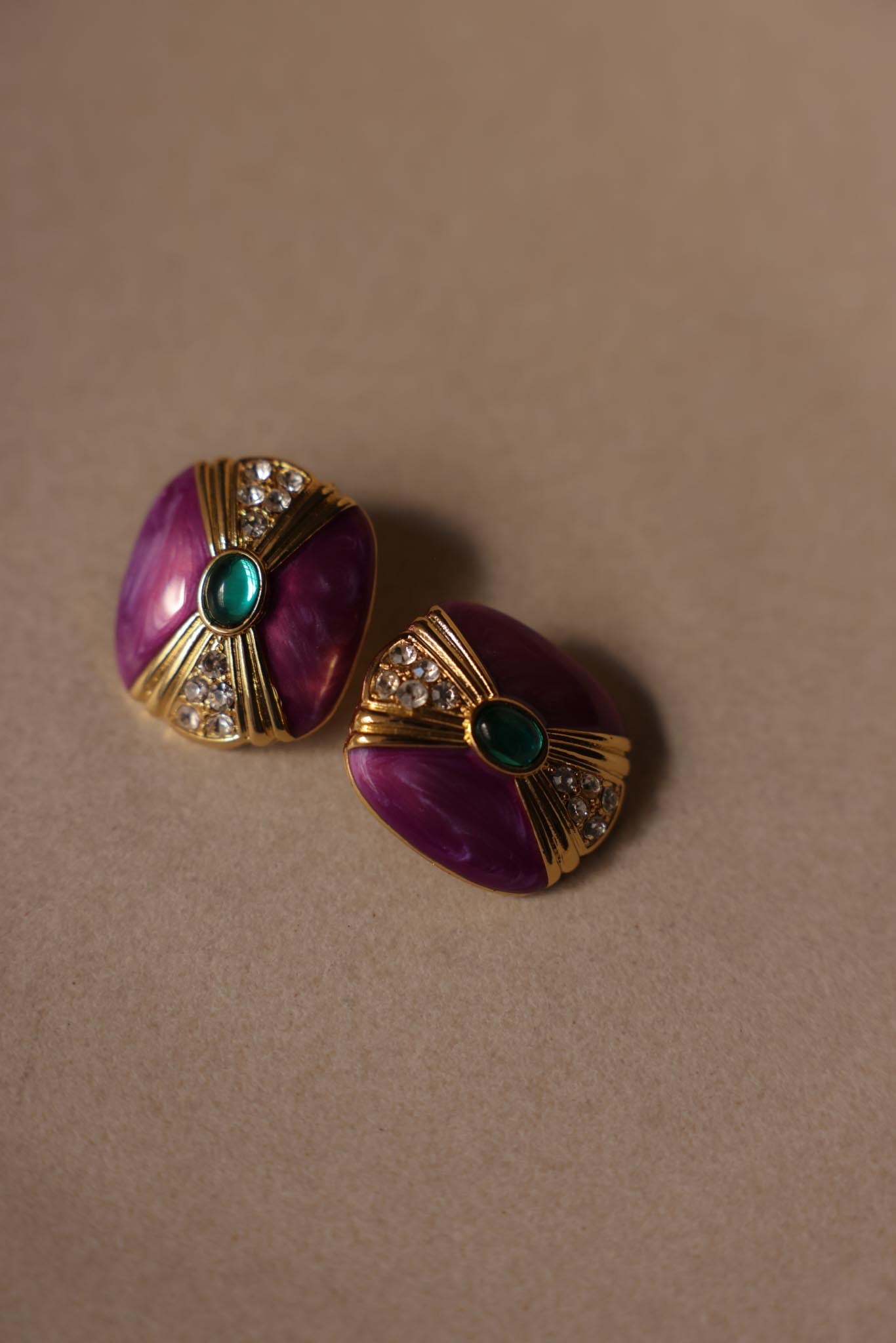 Purple Enamel and Green Cabochon Pierced Earrings