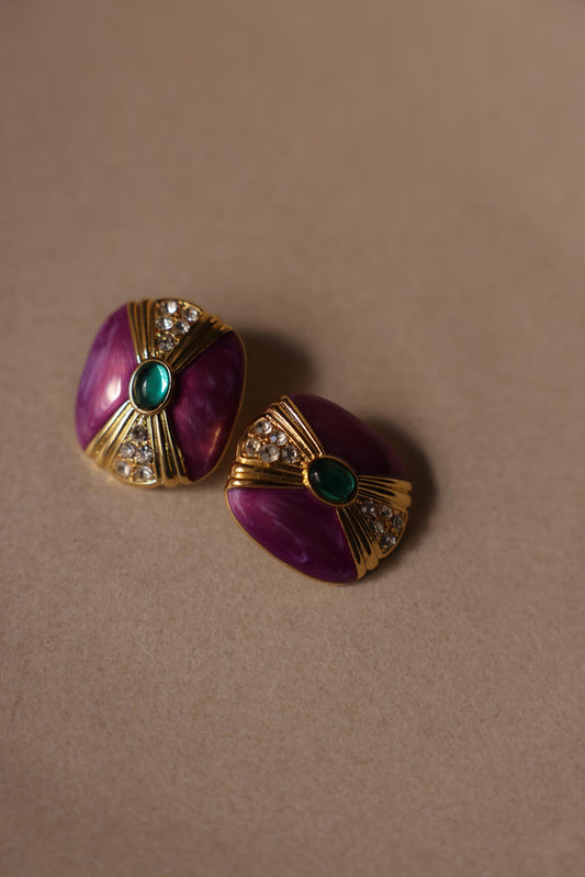 Purple Enamel and Green Cabochon Pierced Earrings