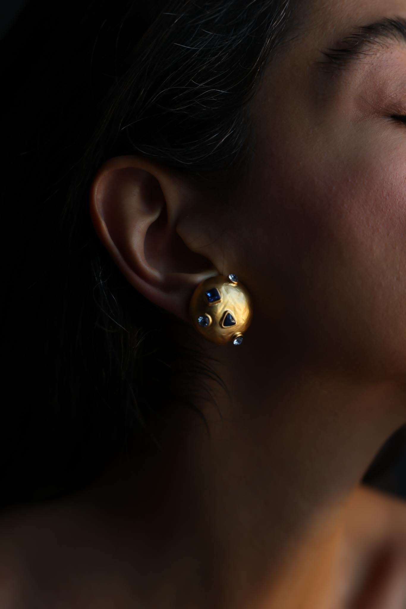 Round Matte Gold and Blue Cabochon Clip-On Earrings