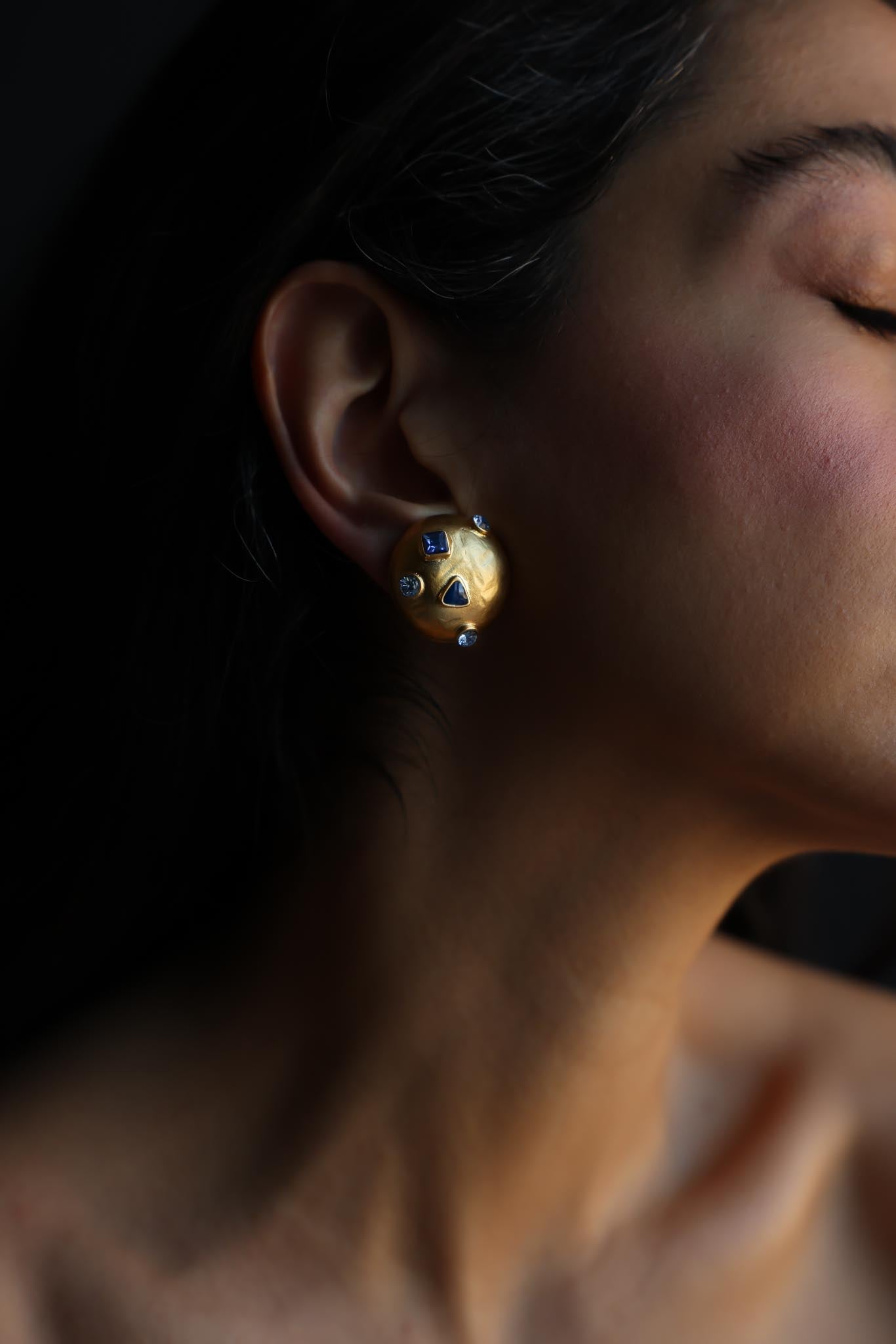 Round Matte Gold and Blue Cabochon Clip-On Earrings